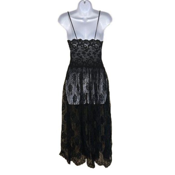 VTG Hanky Panky  Black Floral Lace Nightgown Sheer Slip Dress Size Small Witchy - Picture 3 of 8